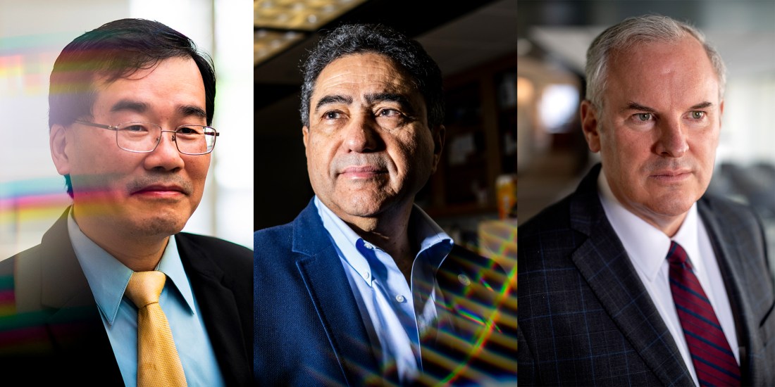 headshot of paul chiou (left) ahmed busnaina (center) and stephen flynn (right)