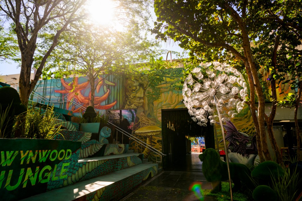 A daytime photograph showing the entrance to Wynwood Jungle, featuring colorful street art murals on walls and structures